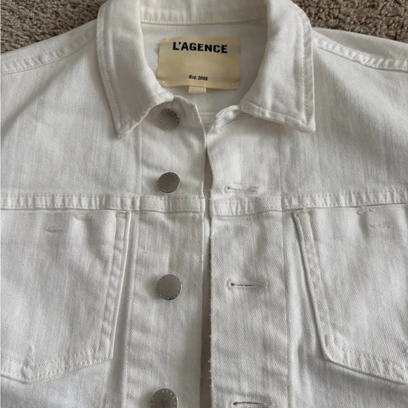 L’AGENCE Distressed White Stretch Denim Jacket Size XS MSRP $350 - Picture 5 of 8